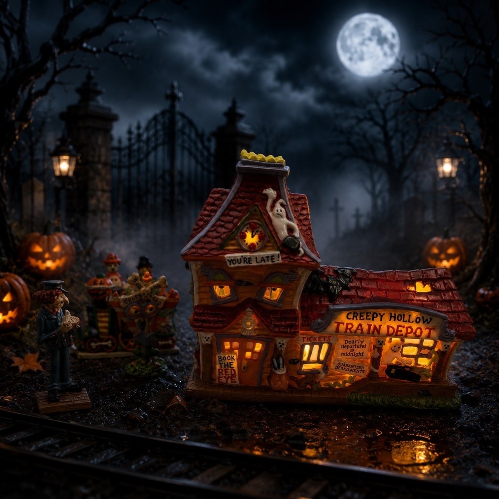 VTG Creepy Hollow Limited Ed Train Depot Halloween Village House & Figures WORKS